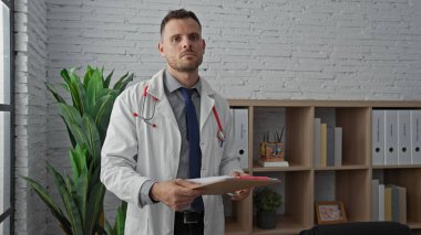 Serious hispanic man in medical coat with stethoscope in an office holding clipboard portrays healthcare professional in an indoor clinic setting. clipart