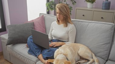 Genç yetişkin bir kadın dizüstü bilgisayarda yanında bir köpekle rahat bir evde, kanepede çalışıyor..