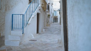 Polignano 'nun eski bir kasabasında sakin bir kaldırım taşı caddesi bir kısrak, puglia, İtalya, kırsal beyaz binalar ve açık havada mavi merdiven korkulukları.