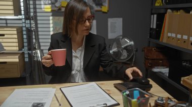 Takım elbiseli profesyonel bir kadın dağınık bir ofiste elinde bardakla elinde belgelerle bir davayı inceliyor..
