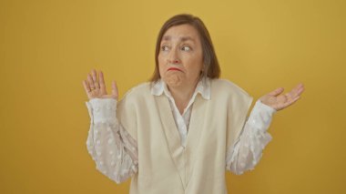 Sarı arka planda omuz silken kafası karışmış orta yaşlı bir kadın.