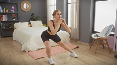 Spor kıyafetli genç bir kadın modern dekorlu, şık bir yatak odasında çömeliyor.