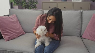 İspanyol kadın beyaz Bizonlu köpeğini kapalı bir kanepede kucaklıyor.