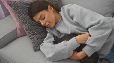 Genç bir kadın, modern bir oturma odasında rahat ve sevgi uyandıran rahat bir kanepede Chihuahua 'sını nazikçe kucaklıyor..