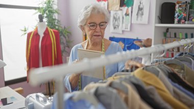 Gözlüklü son sınıf bir kadın atölyedeki elbise raflarının arasında tablet kullanıyor..