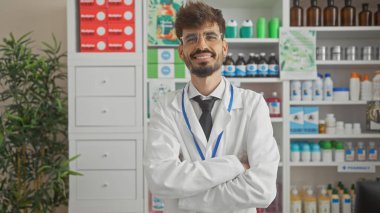 Confident young hispanic man pharmacist standing arms crossed in a well-stocked modern pharmacy clipart