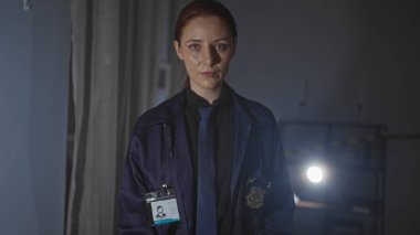 Rozeti ve kimliği olan ciddi bir kızıl saçlı kadın, loş bir iç odada kameraya bakıyor.