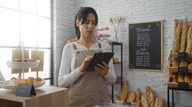 Raflarda ve tezgahlarda çeşitli ekmek ve hamur işleri sergilenen güzel bir pastanede tablet kullanan genç İspanyol kadın.