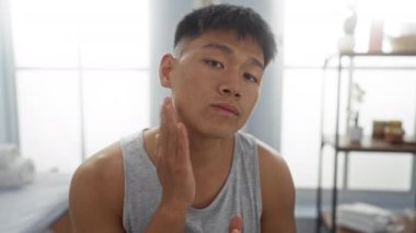 Genç adam spa odasına cilt ürünleri uyguluyor.