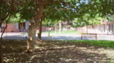 Ağaçlarla, çimlerle, gölgelerle, güneş ışığıyla bulanık bir açık hava parkı sahnesi. Odaklanamayan arka plan, kentsel ortam, yaz günü ve bokeh etkisi, sakin bir atmosfer yaratıyor.