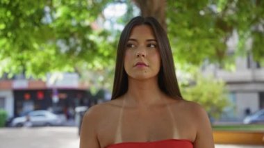 Kırmızı bir tepede, parkta arka planda bir ağaç ve yeşil alandan görünen şehir binaları olan bir kadın..