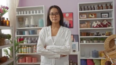 Dekor dükkanında kolları çapraz duran bir kadın ev ürünleri rafları ve dekoratif eşyalarla çevrili ve sakin bir iç perakende sergileniyor..