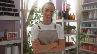 Ev dekorasyonu mağazasında kollarını kavuşturup gülümseyen genç bir kadın çeşitli ürün ve bitkilerle çevrili.