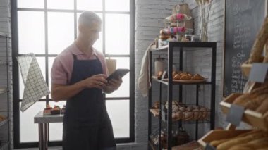 Fırında tablet kullanan genç bir adam. Arkasında ekmek rafları ve hamur işleri var.