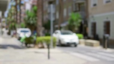 Odaklanmamış, arabalar, sürüş, açık hava, şehir, sokak, güneşli, gün, avuç içi, ağaçlar, binalar, apartmanlar, yürüme, trafik, yol, ulaşım, yeşil, çalılıklar, yaz
