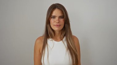 Güzel esmer kadın kendini göstererek gülümsüyor ve soyutlanmış beyaz bir geçmişi olmadığını söylüyor.