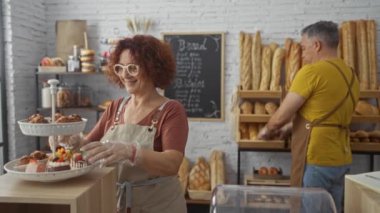 Kadın ve erkek bir pastanede birlikte çalışıyorlar. Kapalı bir ortamda raflarda hamur işleri ve ekmek düzenliyorlar.