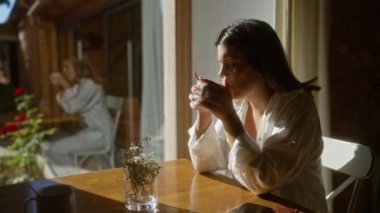 Güneşli kafeteryada pencerenin kenarında oturan bir kadın sabah kahvesini içiyor.