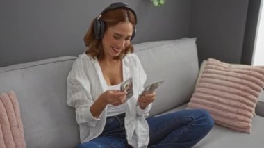 Kulaklık takan bir kadın, rahat ve rahat bir oturma odasında pembe yastıklı bir koltukta otururken bize dolar sayıyor.