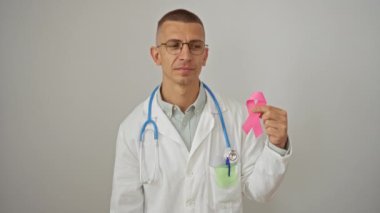 Ağız kapalı steteskoplu beyaz bir adam elinde pembe kurdele, izole edilmiş beyaz arka planda şok olmuş bir ifade, şaşırmış ve korkmuş.