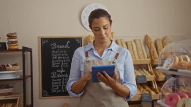 Fırında ekmek ve hamur işleriyle çevrili tablet kullanan genç bir kadın.