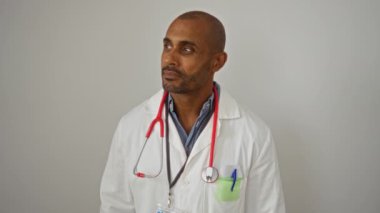 Doktor kollarını kavuşturmuş, steteskopla boynunu sarmış, izole beyaz arka plan üzerinde duruyor.