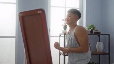 Genç adam, bir sağlık merkezinde aynanın önünde rahat ve kararlı bir ifadeyle dans ediyor.