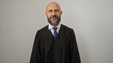 Siyah cüppeli, sakallı ve kel kafalı İspanyol bir adam beyaz bir arka plana karşı duruyor ve elleri davetkar bir şekilde hareket ediyor..