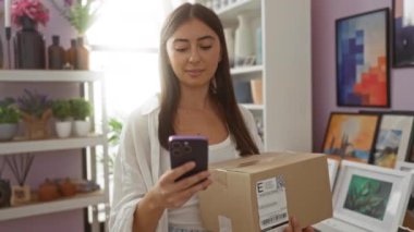 Elinde bir paket tutan ve arka planda bitki ve dekorasyon rafları olan bir ev dekoratörü dükkanında telefon kullanan genç bir kadın.