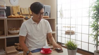 Fırında oturan genç adam cep telefonu kullanıyor, etrafı ekmek ve pastalarla çevrili, gözlüklü ve beyaz polo tişörtlü, masada kırmızı bir kahve fincanı var.