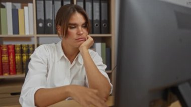 Ofiste çalışan bir kadın, arka planında kitaplıklar, kitaplar, dosyalar ve profesyonel bir iş yeri ayarlarını gösteren belgeler olan bir bilgisayar kullanarak masa başında oturuyor..