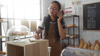 Fırında çalışan genç bir kadın, etrafını ekmek ve hamur işleriyle çevrili, rahat, aydınlık, kapalı bir ortamda telefonla konuşurken notlar alır.