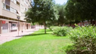 Yeşil çimenler, ağaçlar ve konut binaları olan bir parkın arka planı bulanık..