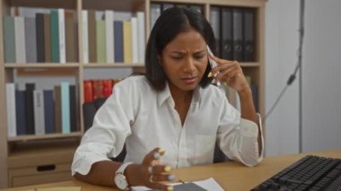 Ofiste telefonla konuşan bir kadın, arka planda kitap rafları ve bilgisayar klavyesi olan gazetelere bakarken...