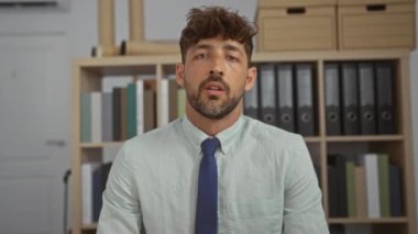 İşyerinde oturan genç adam açık tişört ve mavi kravat giyiyor. Etrafı kitaplarla ve kitaplarla çevrili..