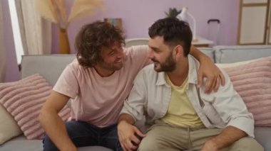 Renkli bir salondaki rahat bir kanepede oturan iki mutlu adam, yakın arkadaş ya da kardeş olarak gülümseme ve güçlü bir bağ paylaşıyorlar.