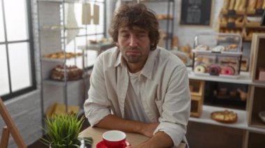 Fırın kafesinde genç bir adam telefonda konuşuyor. Etrafı pişmiş yiyecekler, kekler ve pastalarla çevrili. Rahat ve rahat bir ortam yaratıyor.