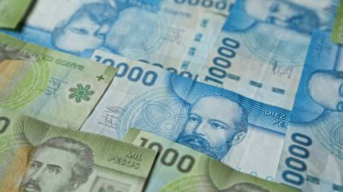 Şili banknotları çeşitli pezolarla, renkli para birimi tasarımlarını canlı bir şekilde göstererek Şili 'nin finansal mirasını gösteriyor.