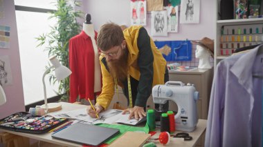 Renkli bir atölyede sakallı, odaklanmış kızıl saçlı bir adam. Etrafı çizimler ve dikiş malzemeleriyle çevrili..