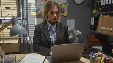 Odaklanmış sarışın kadın dizüstü bilgisayarla çalışıyor dağınık bir dedektif ofisinde, analitik çalışmalar sergiliyor..