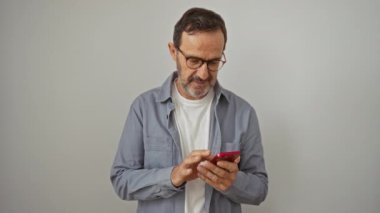 Akıllı telefon kullanımıyla ilgili düşünen İspanyol asıllı bir adam. Kendine güveni tam orta yaşlı bir birey. Tecrit edilmiş beyaz arka planda kendine güveni ve tavrı var.