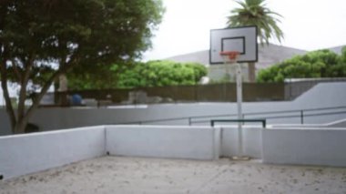 Basketbol potası ön planda bulanık yeşil yapraklı arka planda bulutlu gökyüzünün altında beton bir kortta