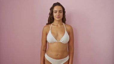 İzole edilmiş pembe bir arka planda kollarını kavuşturmuş, bikinili genç İspanyol kadın, mutlu ve gülümsüyor, pozitif ve kendinden emin görünüyor.