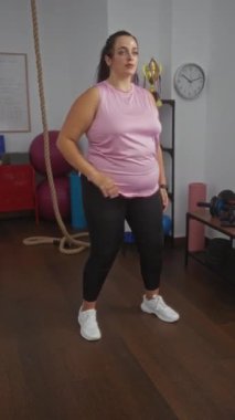 Kıvrımlı kadın spor salonunda çeşitli spor aletleri ve duvarda saatle egzersiz yapıyor.