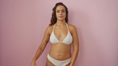 Bikinili genç İspanyol kadın, elleri ile büyük, pembe arka planda izole edilmiş, konsept gösteriyor ve pozitif ifade ile hareket ediyor.