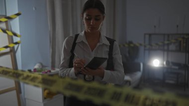 Latin kökenli genç bir kadın dedektif olay yerinde ön planda dikkat bandıyla notlar alıyor..
