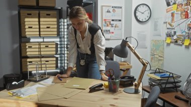 Yoğunlaşmış genç bir kadın dedektif, suç soruşturması gösteren dosyalar, ipuçları ve panoyla çevrili bir ofiste kanıtları inceliyor..