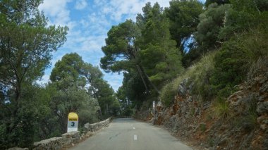 Mallorca 'daki manzaralı dağ yolu, yemyeşil ve açık mavi gökyüzü ile çevrili İspanya, seyahat ve doğa keşfi için mükemmel..