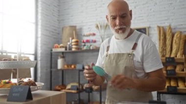 Önlük giyen kel adam, ekmek ve hamur işleriyle dolu bir fırının arkasında çalışıyor.