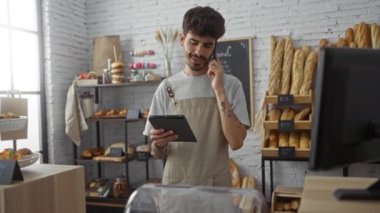 Fırında sakallı genç bir adam, önlük takıyor, tablet ve telefon kullanıyor, ekmek ve hamur işleriyle çevrili, rafları ve arka planda tezgahları var.